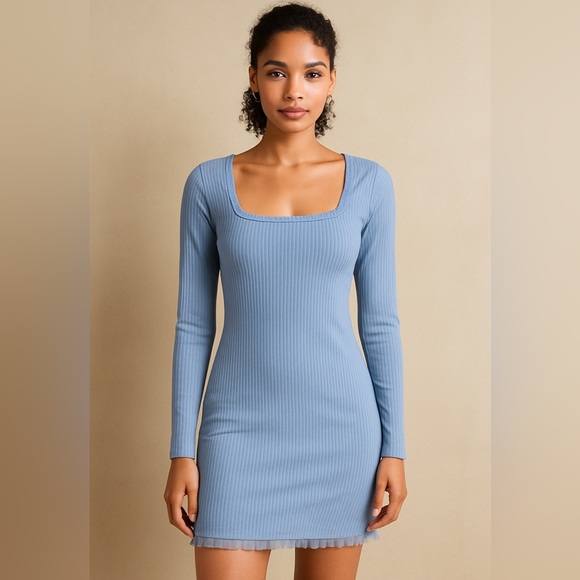 Forever 21 Periwinkle Ribbed Knit Square Neck Pullover Dress L HOCO Lagenlook - Picture 1 of 12